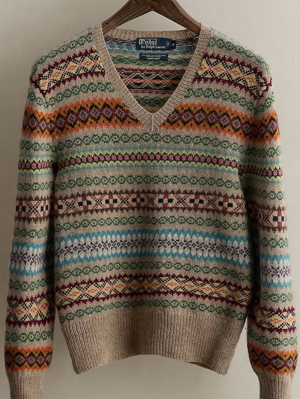 MEN’S VINTAGE POLO RALPH LAUREN HAND KNIT FAIR ISLE SWEATER, SIZE M.